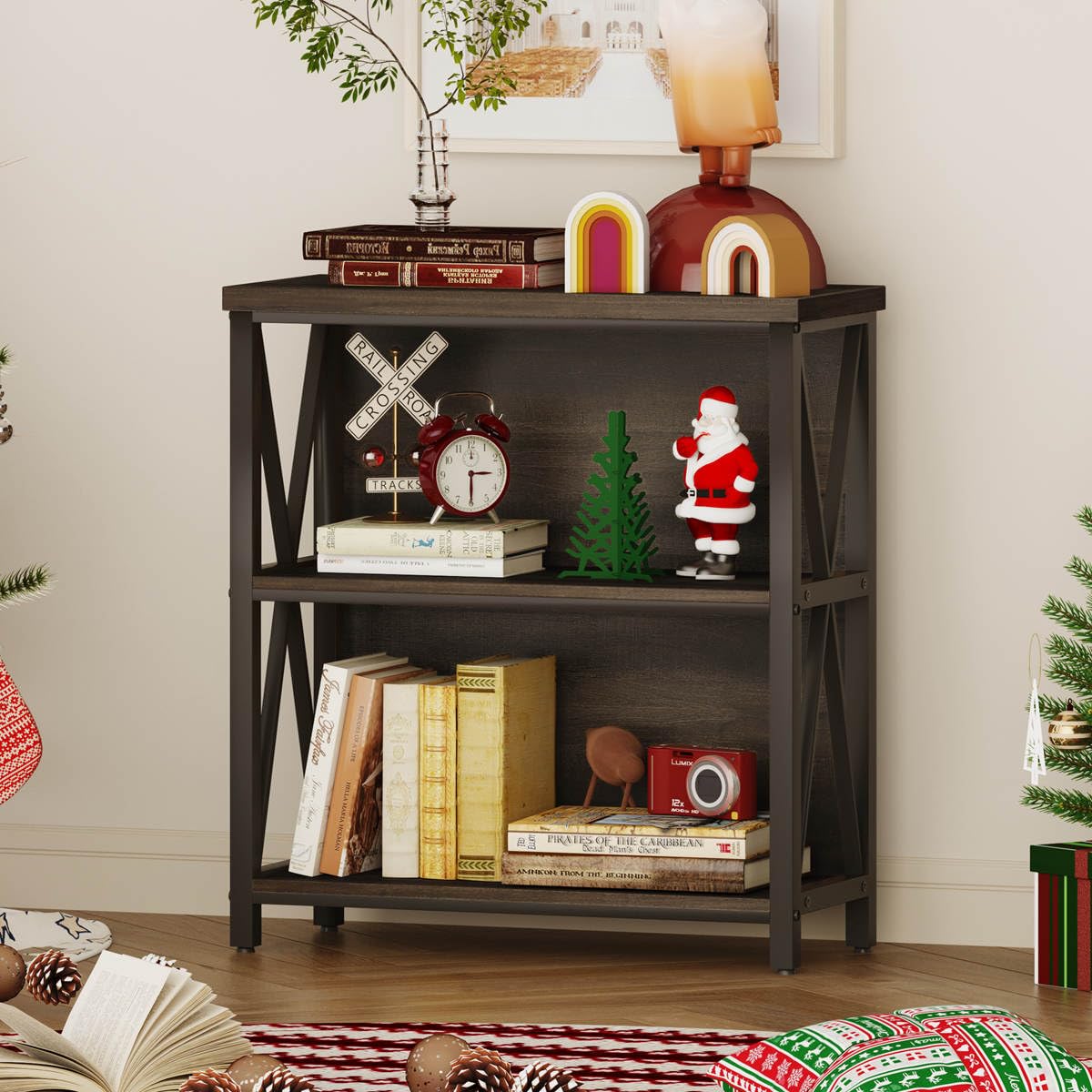 FATORRI Rustic Short 2 Shelf Bookshelf, Industrial Low Wood Bookcase, Farmhouse Small Book Case for Small Space (Walnut Brown) FATORRI