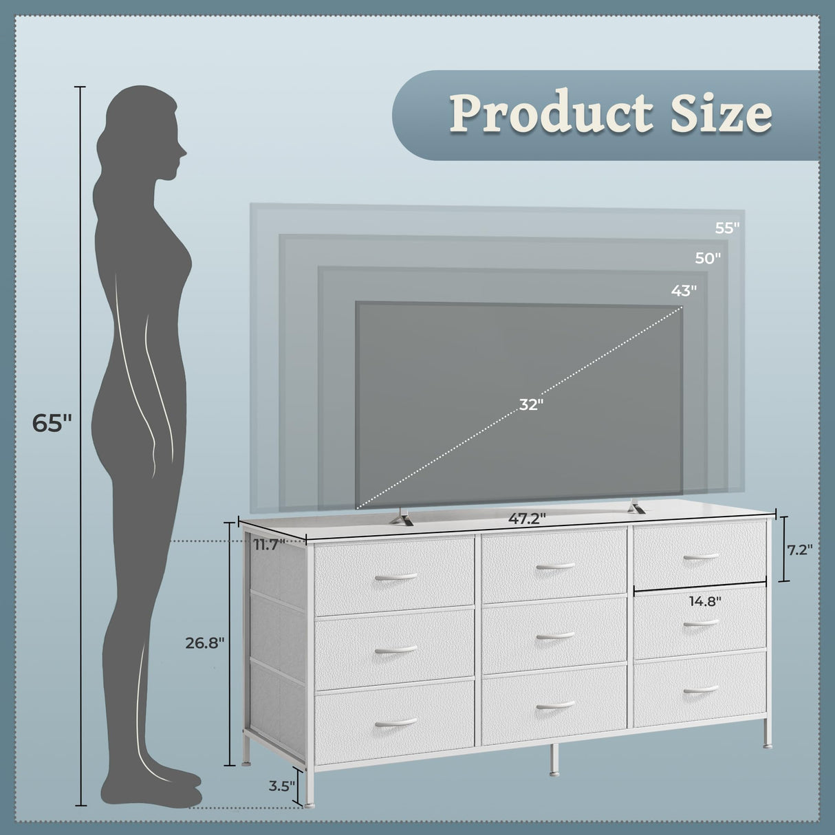 Huuger 9 Drawer Dresser, 47 Inch Dresser TV Stand for 50, 55 Inch TV, Entertainment Center with Drawers, Fabric Dresser Chest of Drawer for Bedroom, Closet, PU Leather Surface, White Huuger