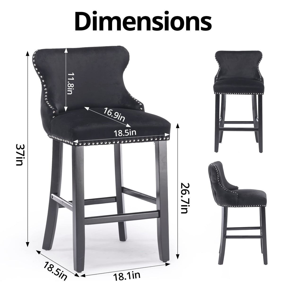 i-POOK Counter Height Bar Stools Set of 2, Velvet Upholstered Barstools with Solid Wood Legs, Button Tufted and Nailheads Trim, Wing-Back Bar Chairs for Kitchen Island Dining Room Pub, Black i-POOK