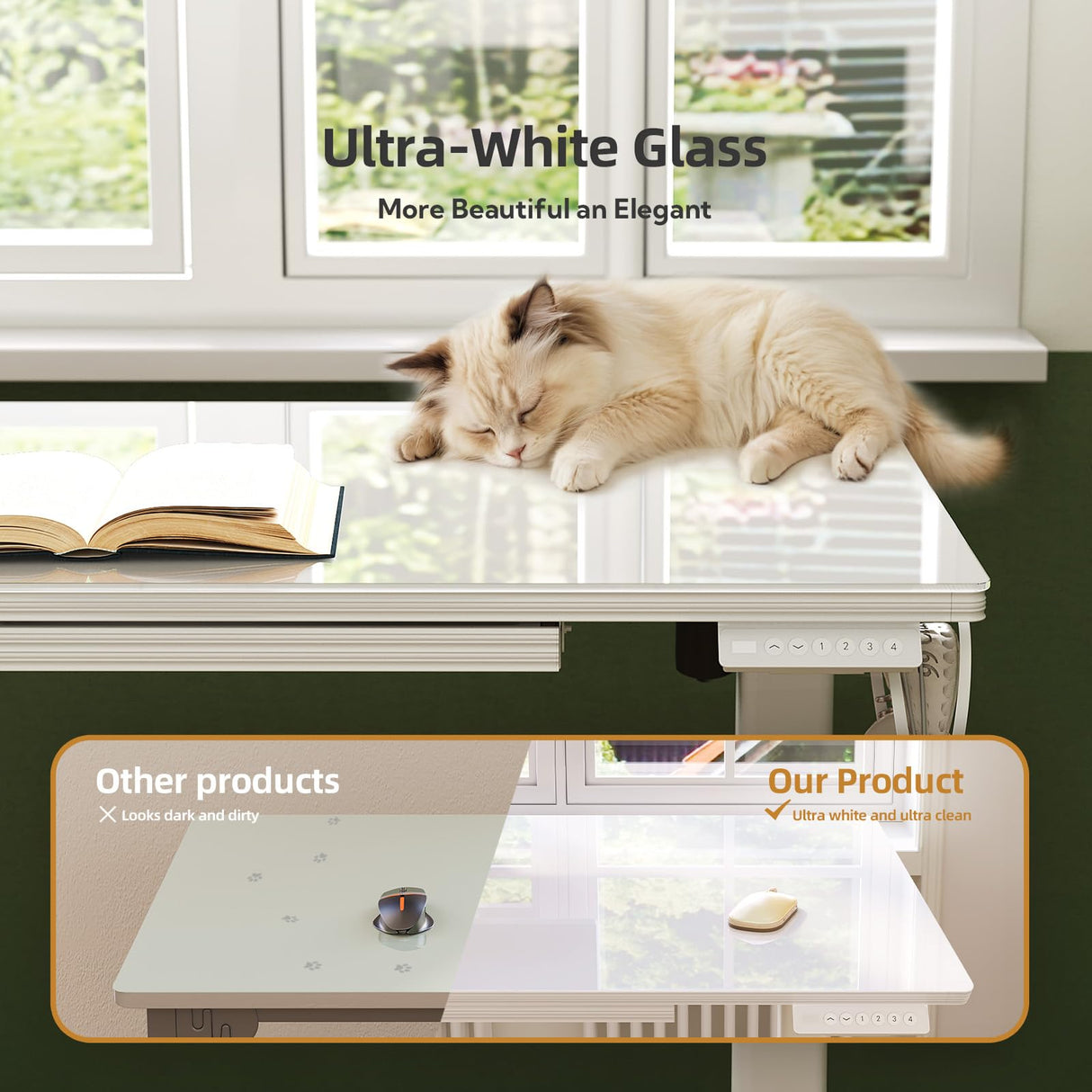 INNOVAR Glass Standing Desk with Drawers, 40 x 24 Inches Electric Height Adjustable Desk, Tempered Glass Top Stand Up Desks for Home and Office, White INNOVAR