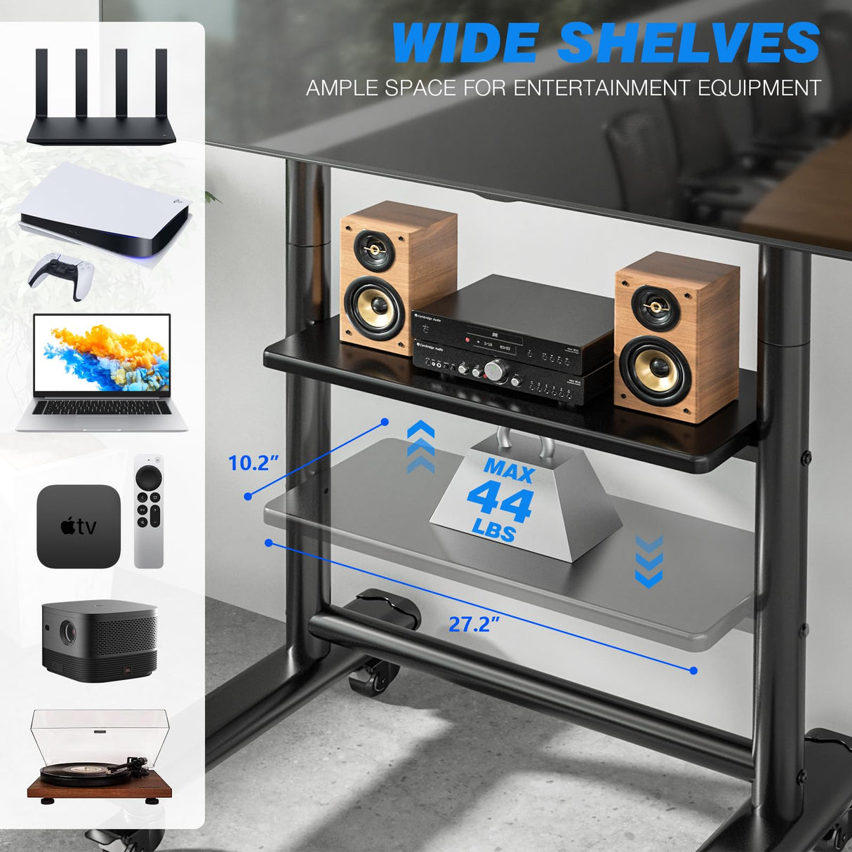 Rfiver Heavy Duty Mobile TV Stand for 50-92 Inch Large TVs up to 200lbs, Height Adjustable Rolling TV Stand with Silent Wheel, Upgraded Floor TV Stand with AV Shelf for Living Room, Office, Trade Show Rfiver