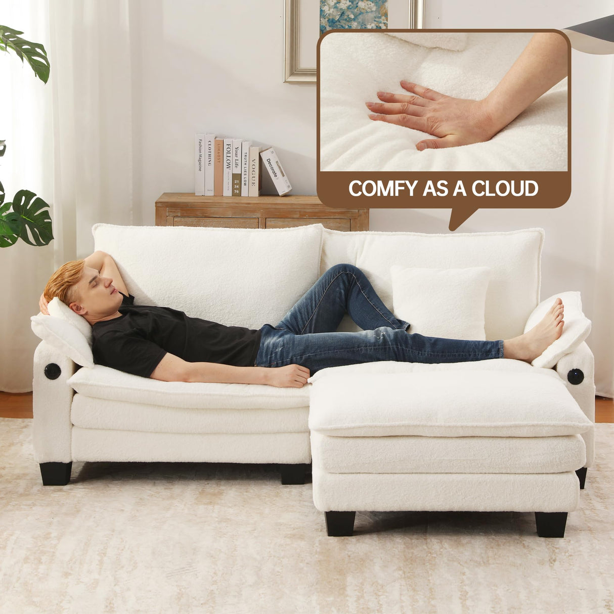 DURASPACE Modular Sectional Sofa L Shaped Cloud Couch with USB, Side Pocket, 76.8’’ Loveseat with Movable Ottoman, Comfy Deep Seat Sleeper Sofa for Living Room, Apartment, Office (Boucle White) DURASPACE