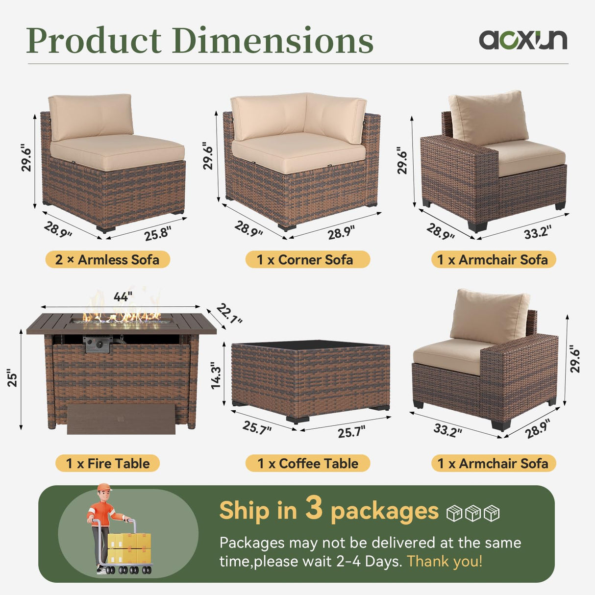 Aoxun 7 Piece Patio Furniture Set with Wide Armrests & 44” Fire Pit Table Wicker Rattan Outdoor Sectional Sofa Set with Coffee Table and Thickened Cushions, Brown/Beige(Waterproof Cover Included) Aoxun