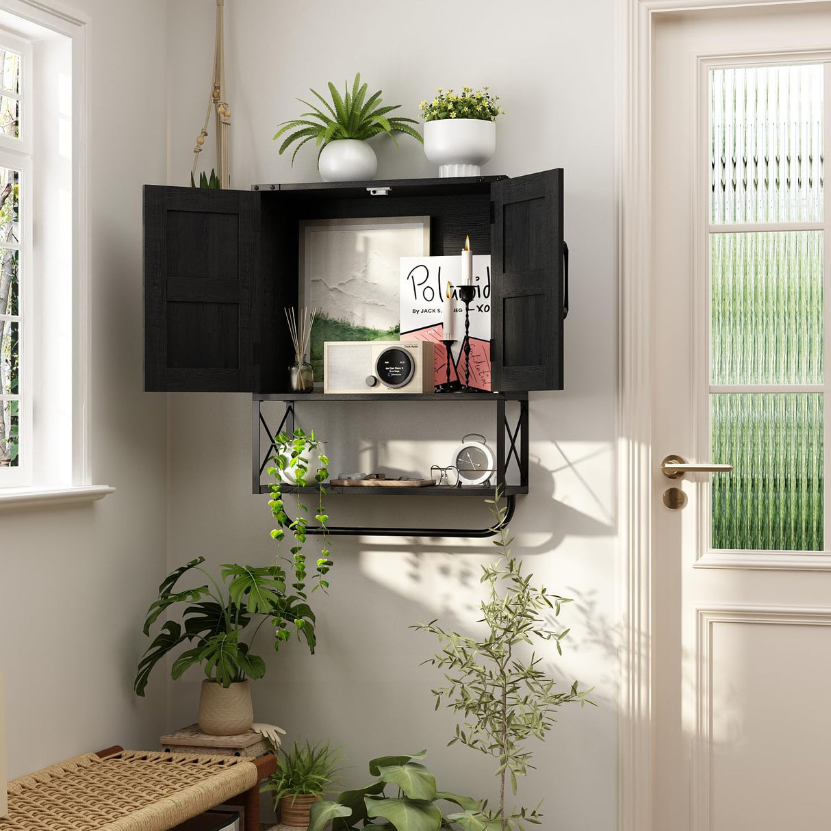 RUSTOWN Farmhouse Medicine Cabinet with 2 Barn Door, Wood Wall Mounted Storage Cabinet with Adjustable Shelf and Towel Bar, 3-Tier Bathroom Cabinet for Bathroom, Living Room(Black, Medium) RUSTOWN