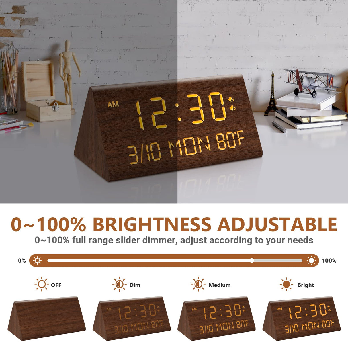 Kogonee Wooden Digital Alarm Clock, 0-100% Dimmer, 2 Alarm Settings, Weekday/Everyday Mode, 9 Mins Snooze, 12/24H, Temperature and Date Display for Office, Travel, Bedroom Alarm Clock (Brown) Kogonee