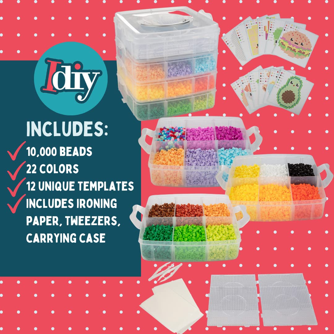 10,000pc DIY Fuse Bead Kit w Carrying Case - Fun Foods - 22 Colors, 12 Unique Templates, 4 Peg Boards, Tweezers, Ironing Paper, Case - Pixel Art Color by Numbers Craft Gift SCS Direct
