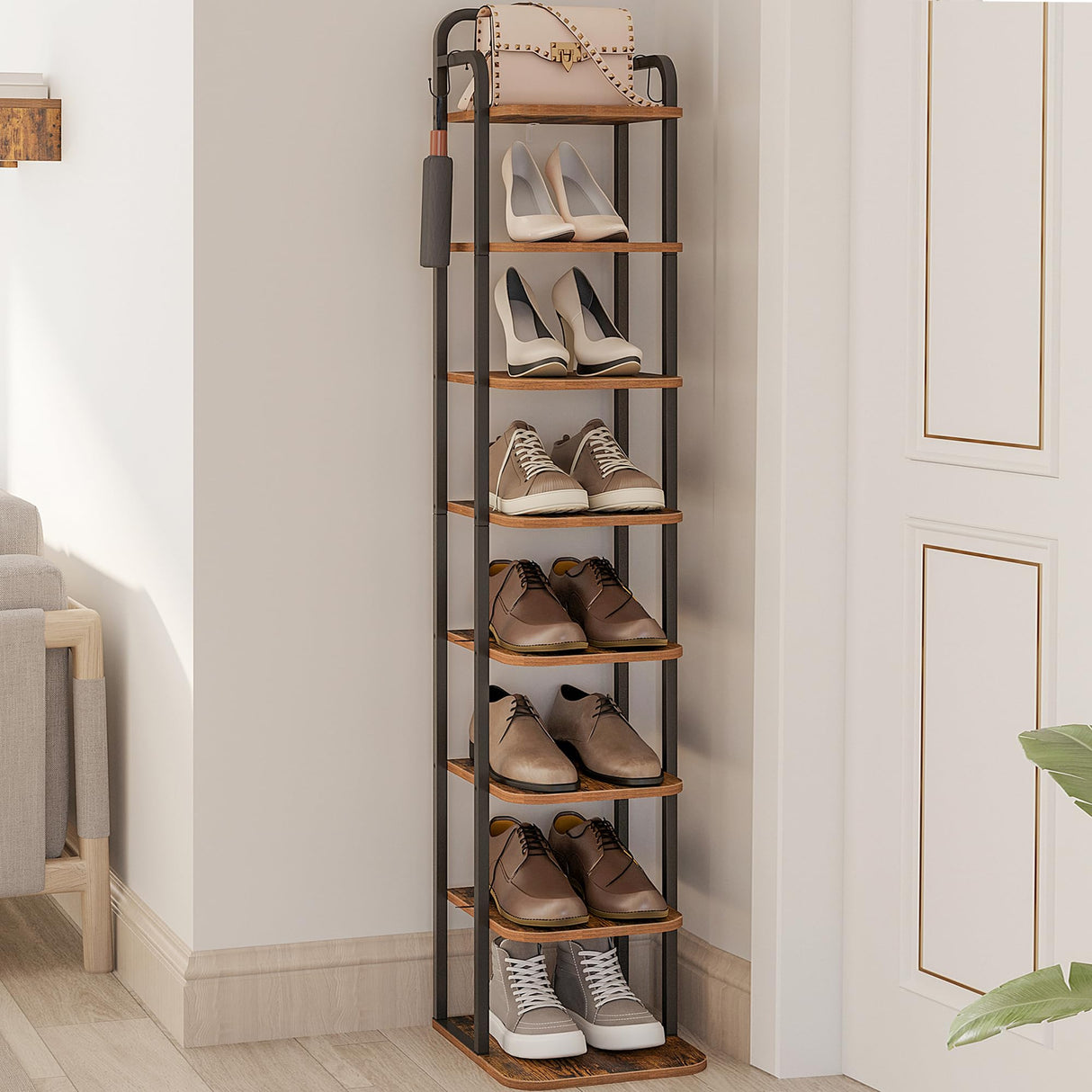 Hzuaneri 8 Tiers Vertical Shoe Rack, Narrow Shoe Tower, Tall Shoes Shelf with 2 Hooks, Adjustable Shelves, Corner Shoes Shelves for Small Spaces, Entryway, Living Room, Rustic Brown SR04301B Hzuaneri