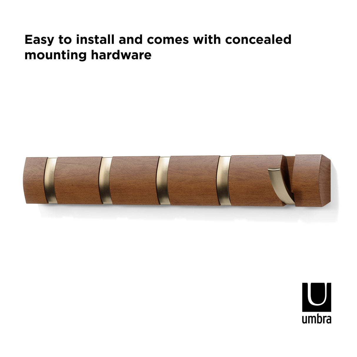 Umbra FLIP Wall Mounted Floating Rack – Modern, Sleek, Space-Saving Hanger with Retractable Hooks to Hang Coats, Scarves, Purses and More, Walnut/Gold Umbra