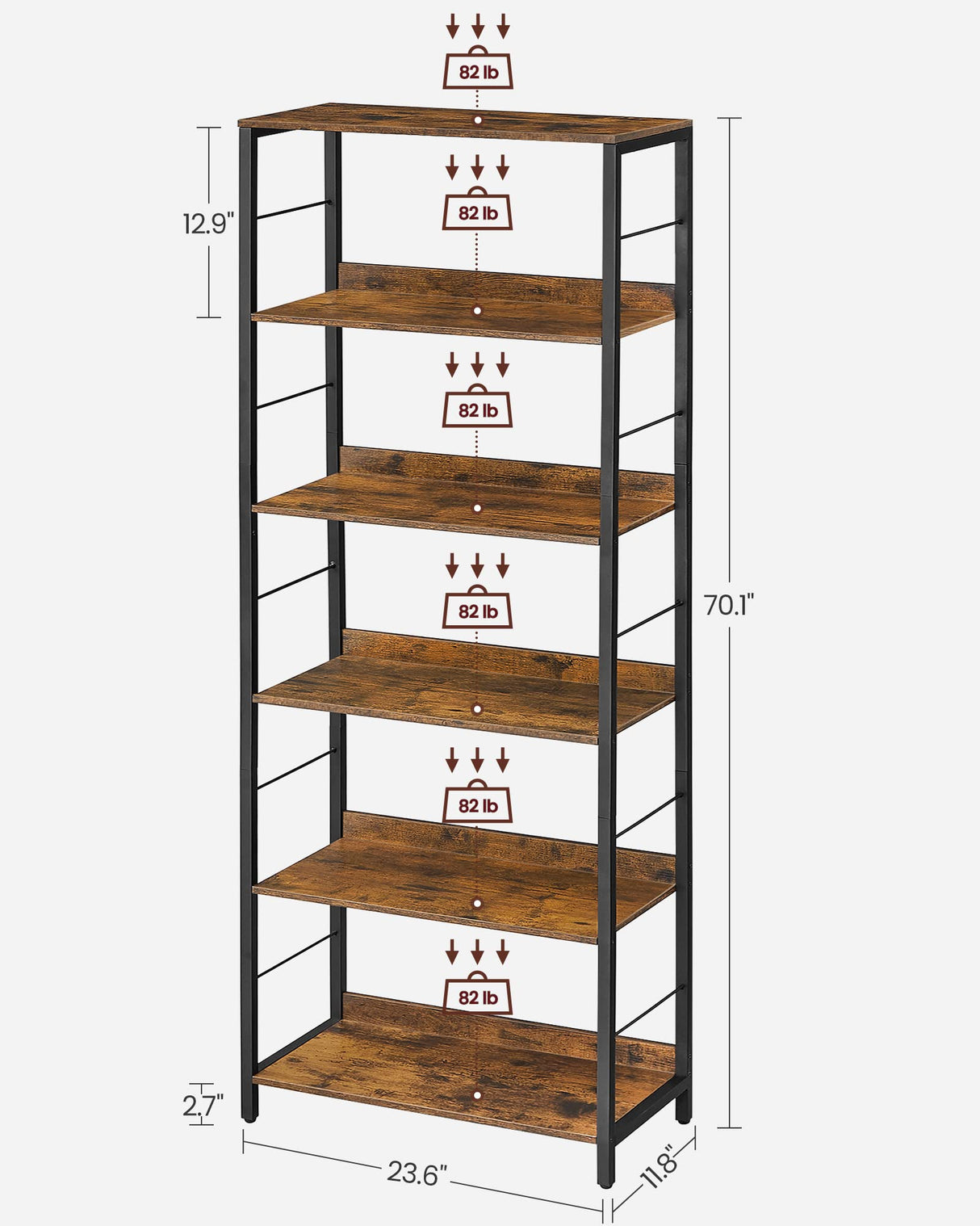 VASAGLE Industrial 6-Tier Bookshelf with Protective Back Panels - Rustic Brown & Black Decor Storage Unit VASAGLE