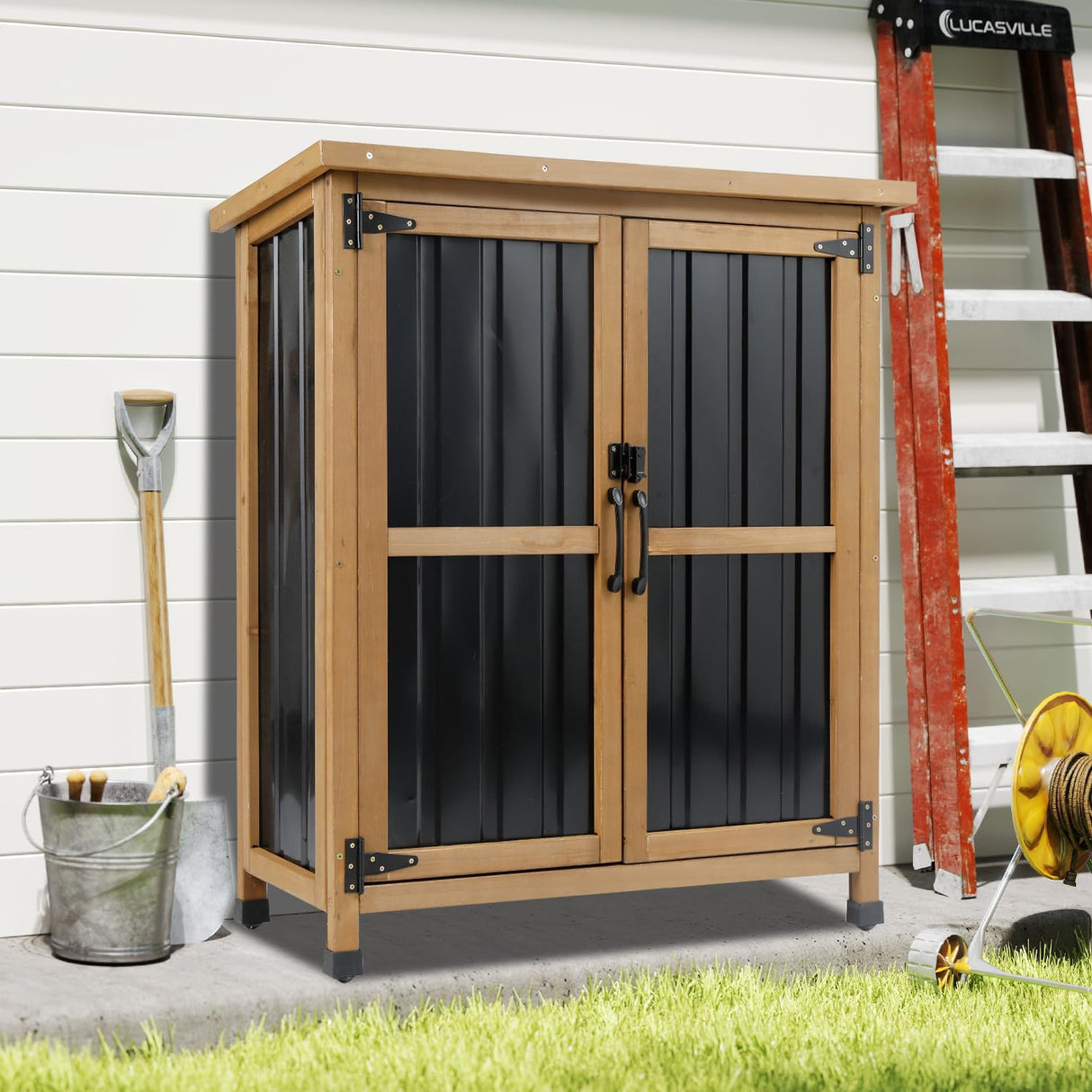 Outdoor Storage Cabinet Waterproof with Shelves, Storage Box with Lockable Doors, Wood & Metal Patio Yard Pool Garden Storage Cabinet Organizer, Gifts for Women Men PetsCosset