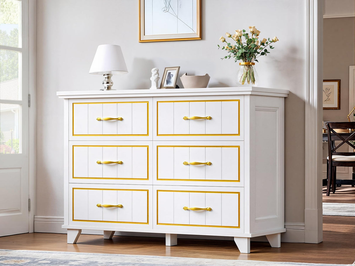 DWVO Farmhouse Wooden Dresser TV Stand with Power Outlet, 6-Drawer Dresser with Large Storage Drawers and Bar Handles, Ideal for Living Room, Hallway, 47.2" L x 15.7" W x 33.4" H - White & Walnut DWVO