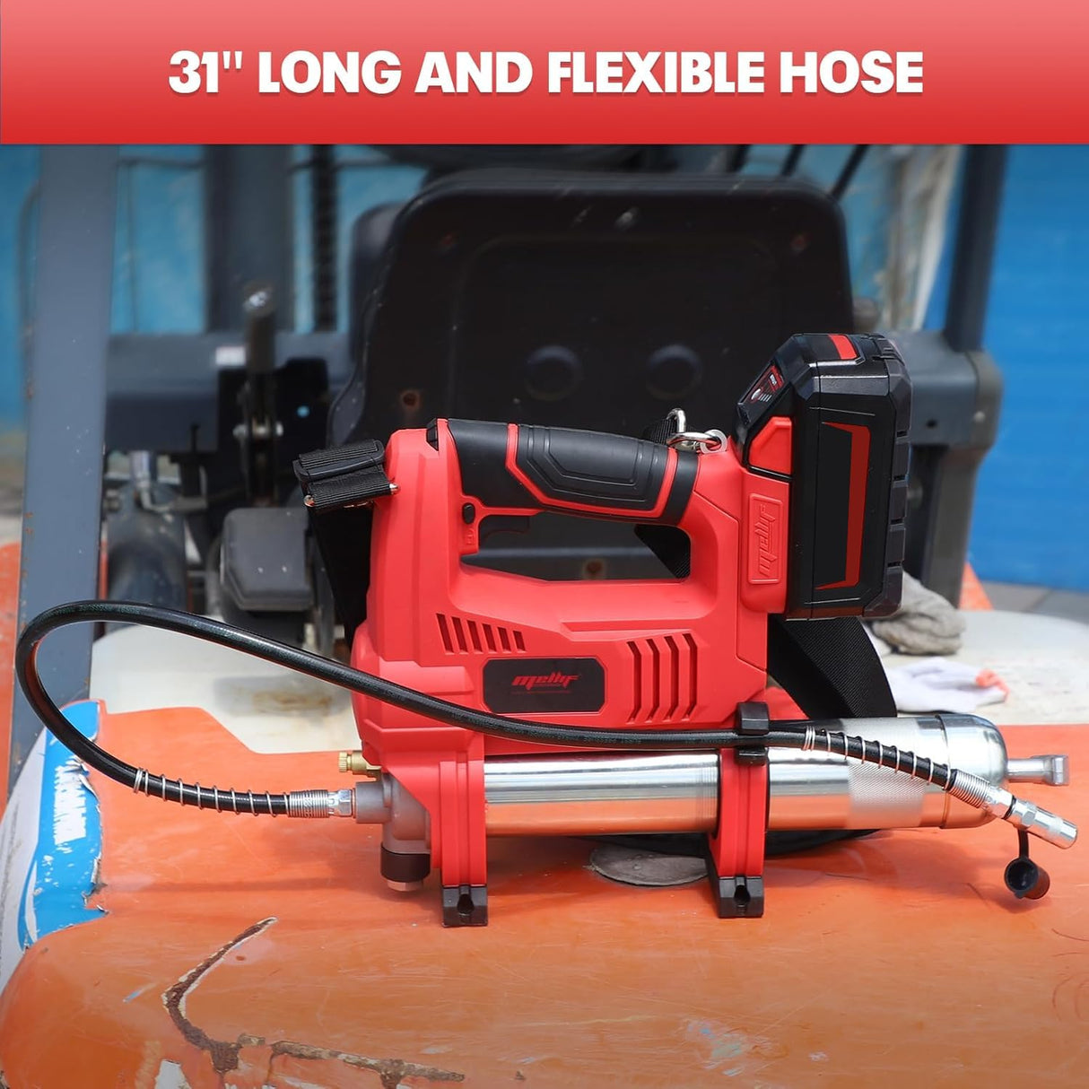 Mellif Power Grease Gun Compatible with Milwaukee 18V Battery (Tool ONLY), 10,000 PSI, Brushless Motor, 5 Variable Speed, 14 OZ Capacity, 30" Hose, Built-in LED, Safety Lock, Low-Voltage Protection Mellif