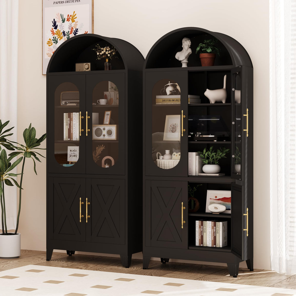 PAOFIN 73" Metal Tall Arched Kitchen Pantry Cabinet, Modern Farmhouse Kitchen Storage Cabinets with 3 Adjustable Shelves, Versatile Cupboard for Kitchen, Dining Room, Black PAOFIN