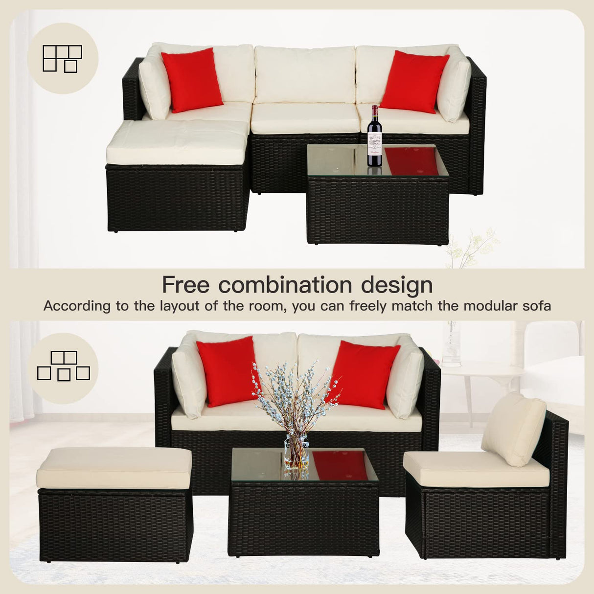 5 Pieces Rattan Patio Furniture Sets Patio Sofa Wicker Sectional Sofa Modular Outdoor Conversation Sofa Set with 2 Red Pillow 2 Corner Chairs Armless Chair Ottoman Chair Glass Table,Khaki Cushion PayLessHere