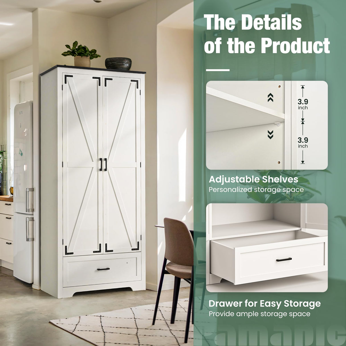 Pamapic Farmhouse Kitchen Pantry Cabinet - 71" Tall Wooden Storage Cabinets with 2 Barn Doors, Versatile Storage Cabinet with Shelves & Drawers for Dining Room, Bathroom,White Pamapic