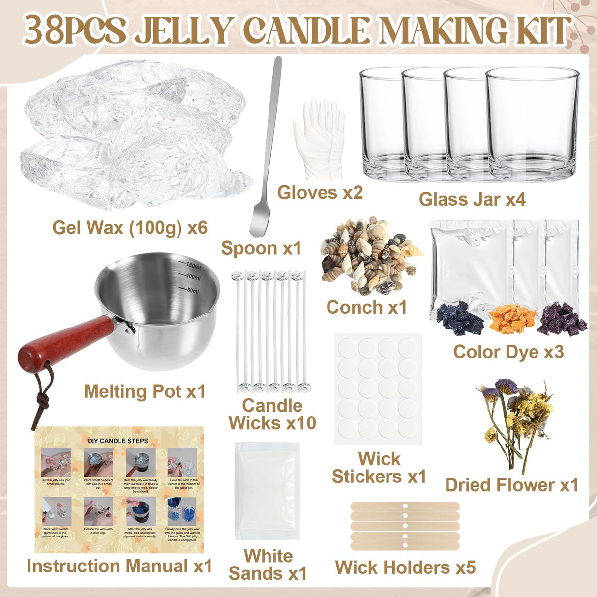 JCOOS Candle Making Kit, DIY Jelly Wax Melts, Candle Jars, Candle Making Kit for Adults, 1.5 lb Gel Wax for Candle Making, Candle Wick, Dried Flowers, Conch, Sand, Candle Dye, Crafting Gifts for Women Jcoos
