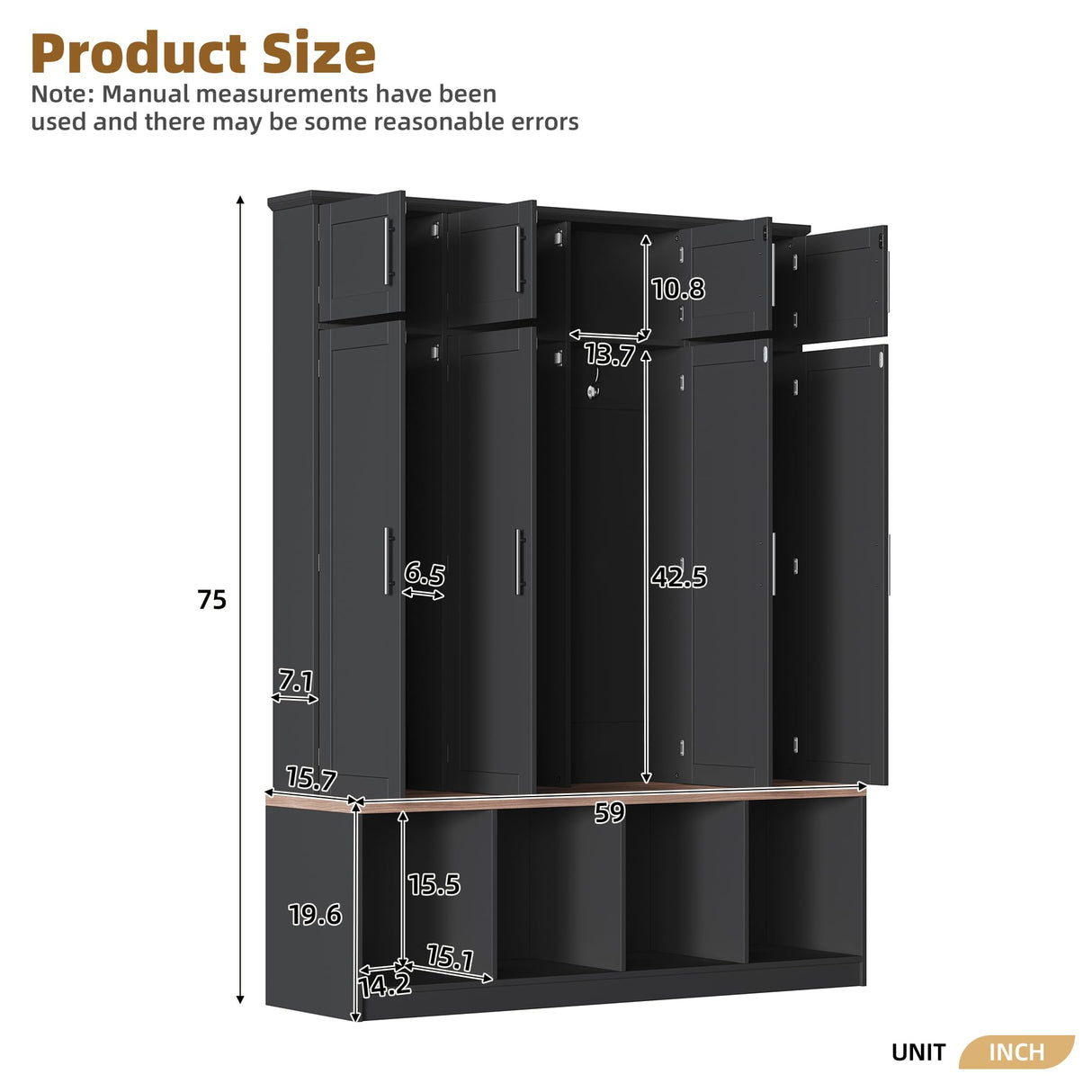 Merax Hall Tree with Entryway Bench and Shoe Cabinet, Multi-Functional Seating Bench with 4 Hanging Hooks and 8 Doors, Black Merax