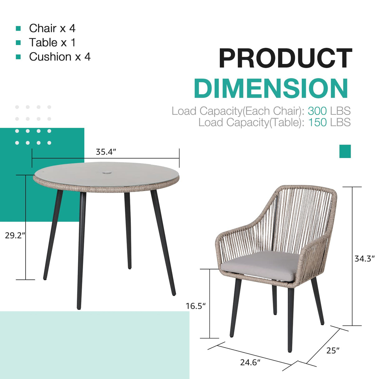 Patiorama 5-Piece Patio Dining Set, Outdoor Dining Table Chair Set, All-Weather Twisted Rattan Wicker Rope Conversation Set, Patio Furniture Set w/Umbrella Hole, 4 Cushioned Chairs&Glass Table(Tan) Patiorama