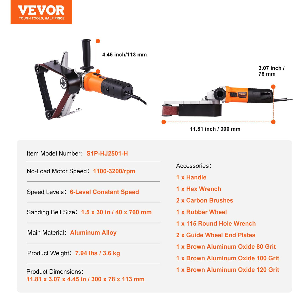 VEVOR Pipe Tube Polisher Sander, 1000W Pipe Belt Sander with 6 Variable Speeds 1100-3200rpm, Professional Belt Sander Grinding Machine with 3PCS VEVOR