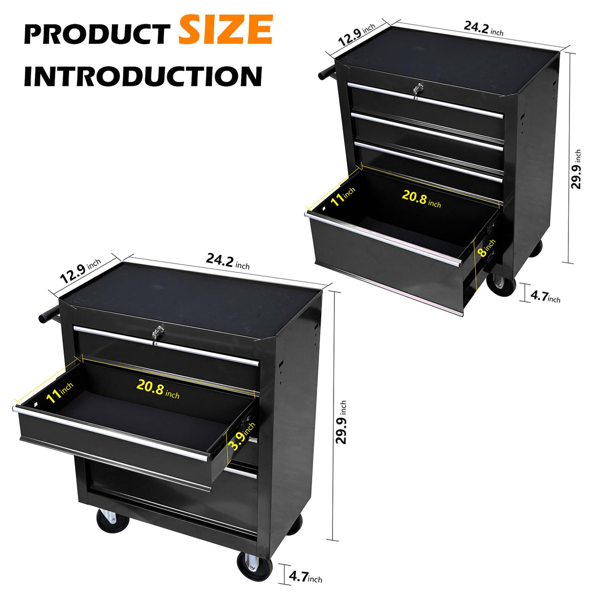 SumKea 4 Drawers Cart 24.25" Rolling Toolbox, with Key Locking and 4 Wheels Tool Boxes, Suitable for Garages, Warehouses, Workshops, Repair Shops, Black SumKea