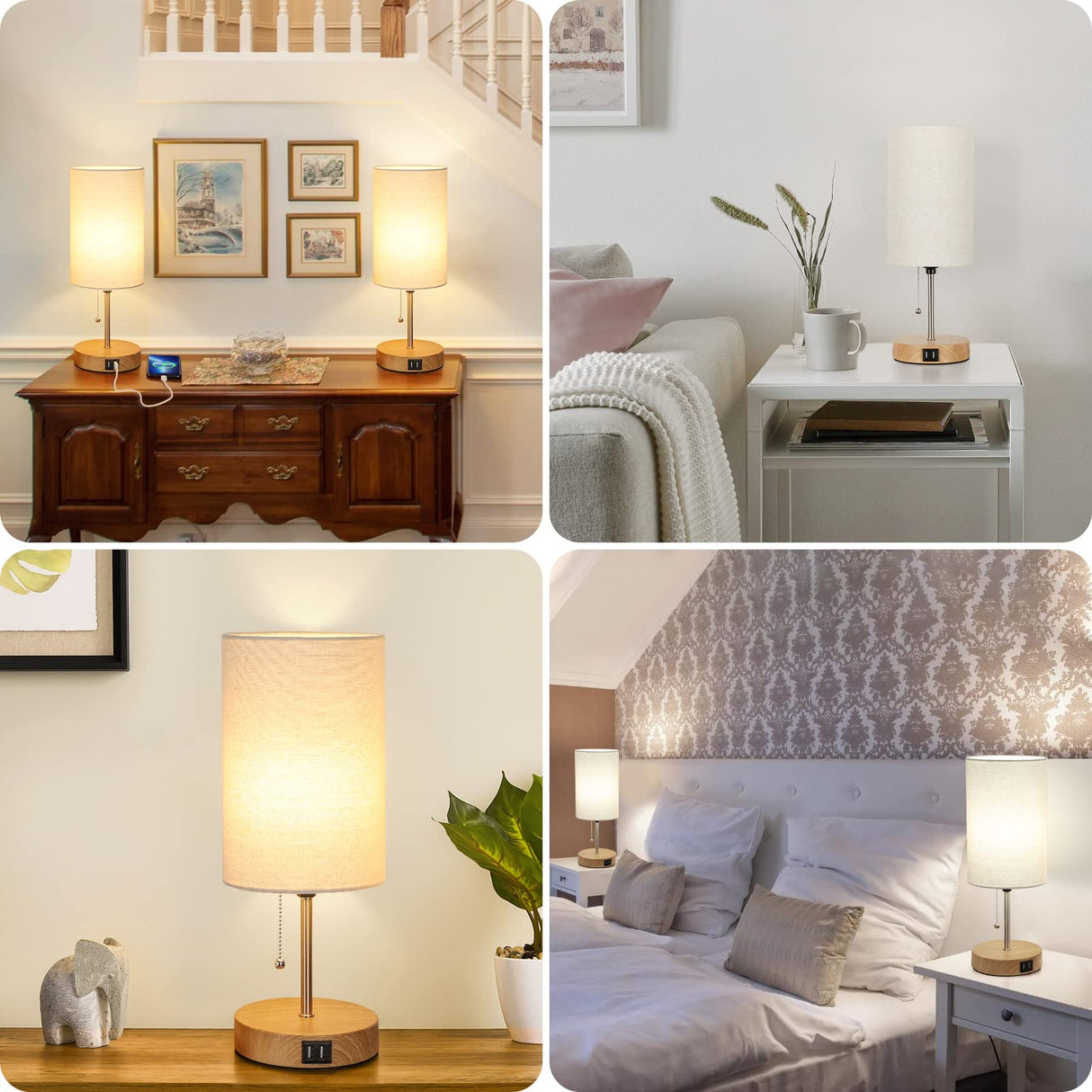 Set of 2 Table Lamps with 2 USB Ports, Modern Bedside, Desk Lamps with Pull Chain, Nightstand Lamps with Cream Fabric Shade and Oak Metal Base for Living Room Bedroom Office Reading Dorm Hotel Lakumu