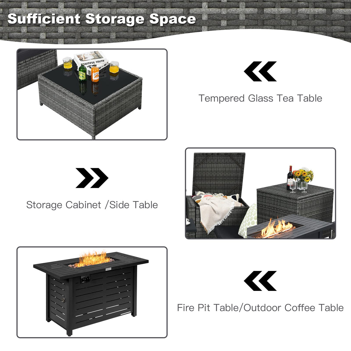 Tangkula 9 Pieces Patio Rattan Furniture Set, Patiojoy Sectional Sofa Set w/Storage Box, Coffee Table, Outdoor Wicker Conversation Set w/ 42” ETL Approved Propane Fire Pit Table (Black) Tangkula