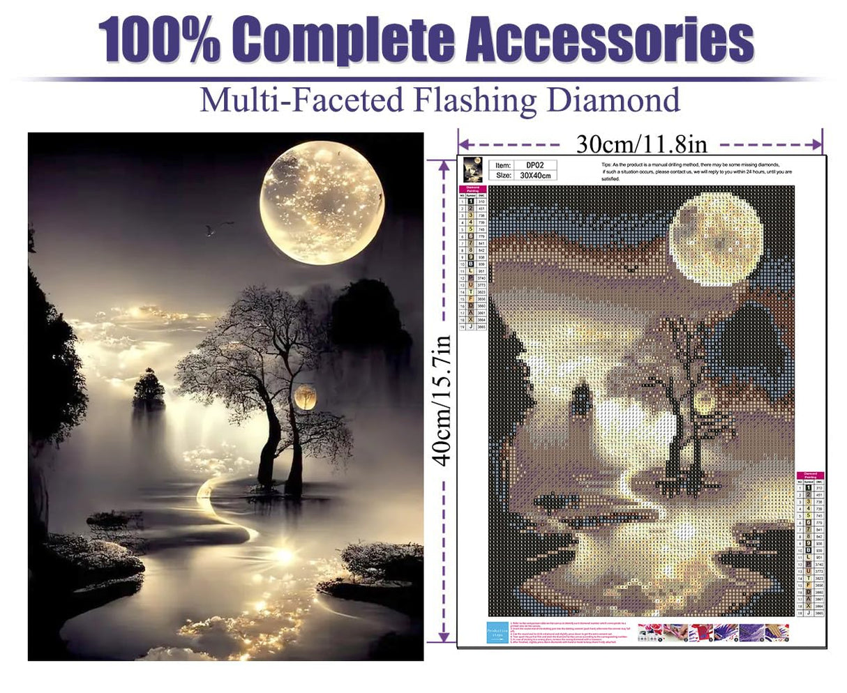 MXCFZX Diamond Painting Kit for Adults - Moonlight Landscape DIY Round Dril Moon Diamonds Art Craft Kits for Beginners, Diamonds Dot Gem Art Crystal,Easy Ideal Home Wall Decor & Gift for Art 12X16 in MXCFZX