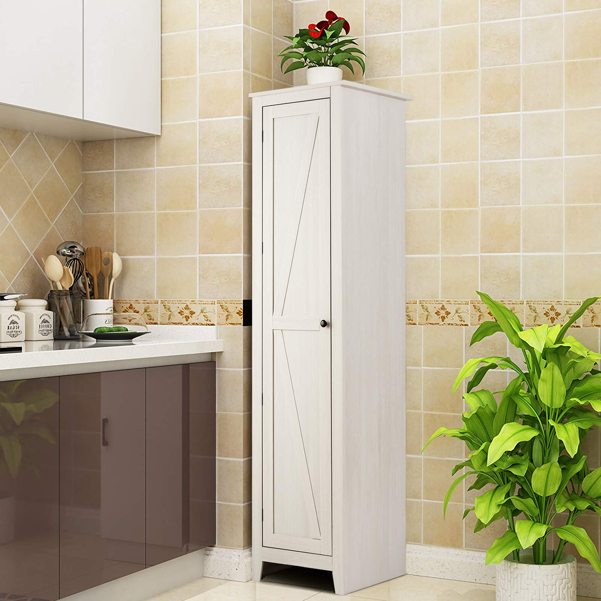 Giantex Tall Storage Cabinet Freestanding Floor Storage Tower with Four Shelves and Single Door, 17x16x72 Inch, Narrow Utility Cabinet for Living Room, Bathroom (Grayish White) Giantex