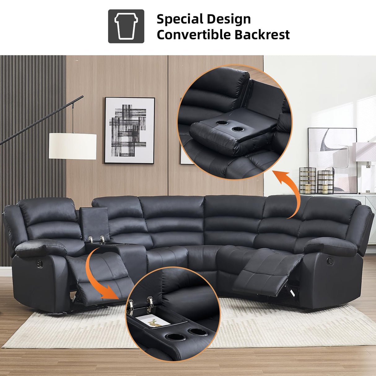 EBELLO Faux Leather L-Shaped Reclining Sectional Sofa Couch, Manual Recliner Sofa, with Cup Holders, Storage Space, a Convertible Backrest 5 Seats Home Furniture Set for Living Room, Black EBELLO
