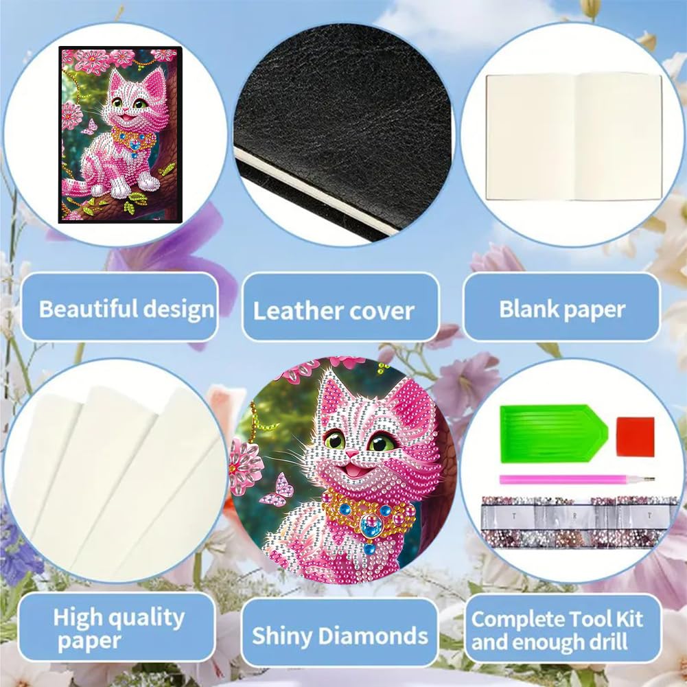 5D Diamond Art Painting Notebook Kits 50 Pages A5 Special Shaped Pink Cat Pattern Diamond Inlaid Handmade Notepad Drill Painting Wireless Strip Diary Book Birthdays Gifts for Teens Generic