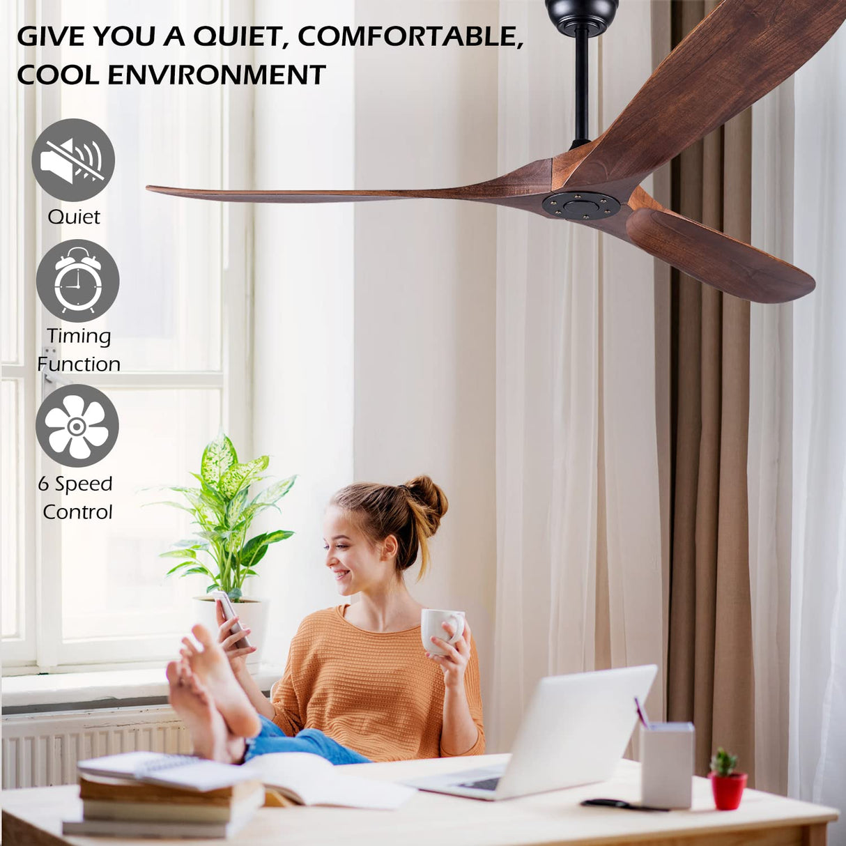 Solid Wood Ceiling Fans Without Light, 60 Inch Real Wood Ceiling Fan with Remote Control and 3 blade, Natural Wood Ceiling Fan Waterproof, Indoor Outdoor Ceiling Fans for Patio, Bedroom, Living room EOPETY
