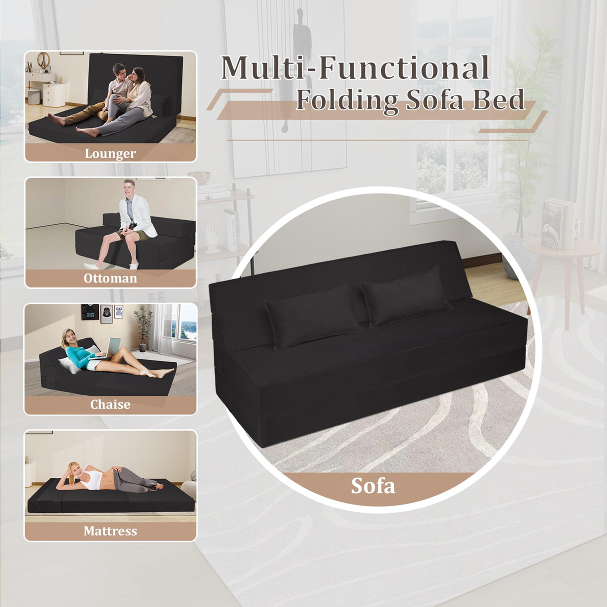 Youtanic 5 in 1 Folding Sofa Bed, Queen Size Convertible Sleeper Chair with Pillow, Memory Foam Futon Couch, Velvet Fabric Washable Mattress for Living Room, Dorm, Guest, Home Office, Apartment, Black Youtanic