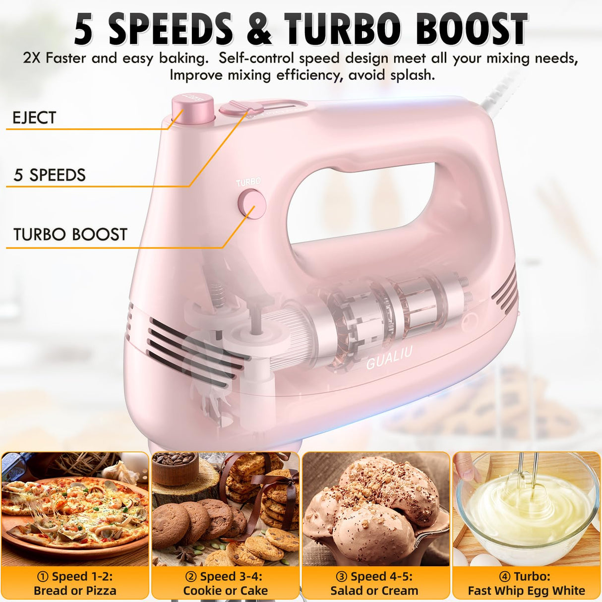 GUALIU Electric Hand Mixer with Stainless Steel Whisk, Dough Hook Attachment and Storage Bag, Handheld Mixer for Baking Cakes, Eggs, Cream Food Mixers. Turbo Boost /5 Speed Kitchen Blender PINK GUALIU