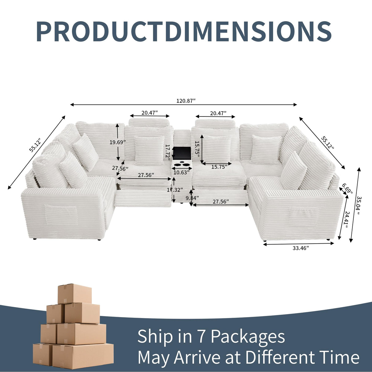 LEVNARY 6-Seat U Shaped Modular Sectional Sofa with Power Recliners, Faux Rabbit Fur Upholstery, Storage Console with Charging Ports & Cup Holders, Living Room Couch Set for Home Office (White) LEVNARY
