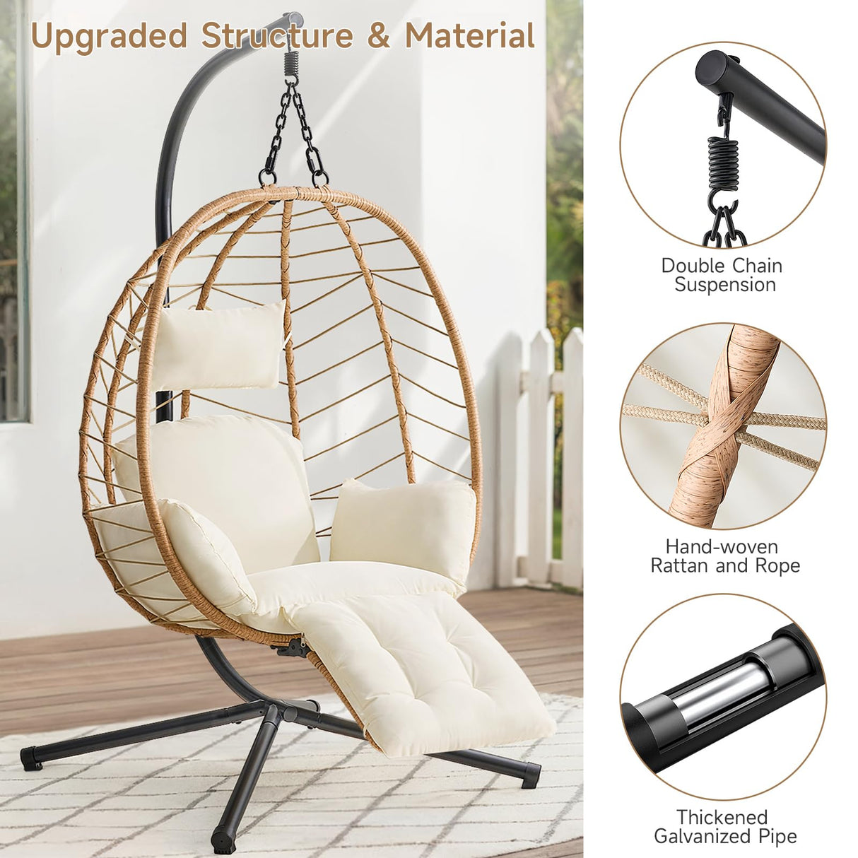 ONBRILL Hanging Egg Chair with Adjustable Footrest & Stand, Wicker Rattan Swing Hammock Chair with Cushion & Double Chains, 350LBS Capacity for Outdoor & Indoor Patio, Deck, Bedroom, Balcony (YE-BE) ONBRILL