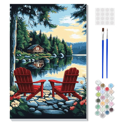 DOMROM Framed Paint by Numbers Kit for Adults Beginners with Wooden Easel, Landscape Lake Paint by Number Kit on Canvas, DIY Oil Painting Kits for Home Wall Decor Gift 20x30cm