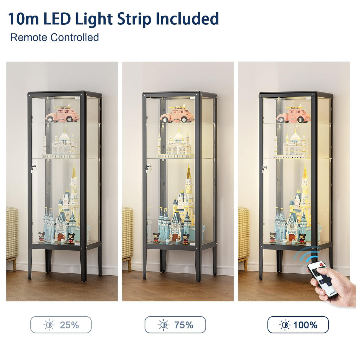 Ryoko Glass Display Cabinet with LED Light, Adjustable 3-Shelf Shelves, Curio Cabinets Metal Storage Display Case for Living Room Bedroom Office (Dark Grey) Ryoko