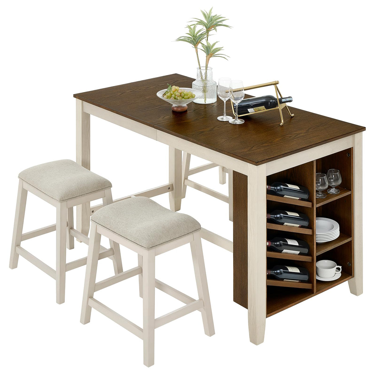 AMERLIFE 60" Solid Wood Counter Height Dining and Kitchen Table Set for 4 Upholstered Stools, 7-Layer Storage Farmhouse Dinner Table with Chairs Built-in Wine Rack & Cabinet, 5-Piece Rectangle AMERLIFE