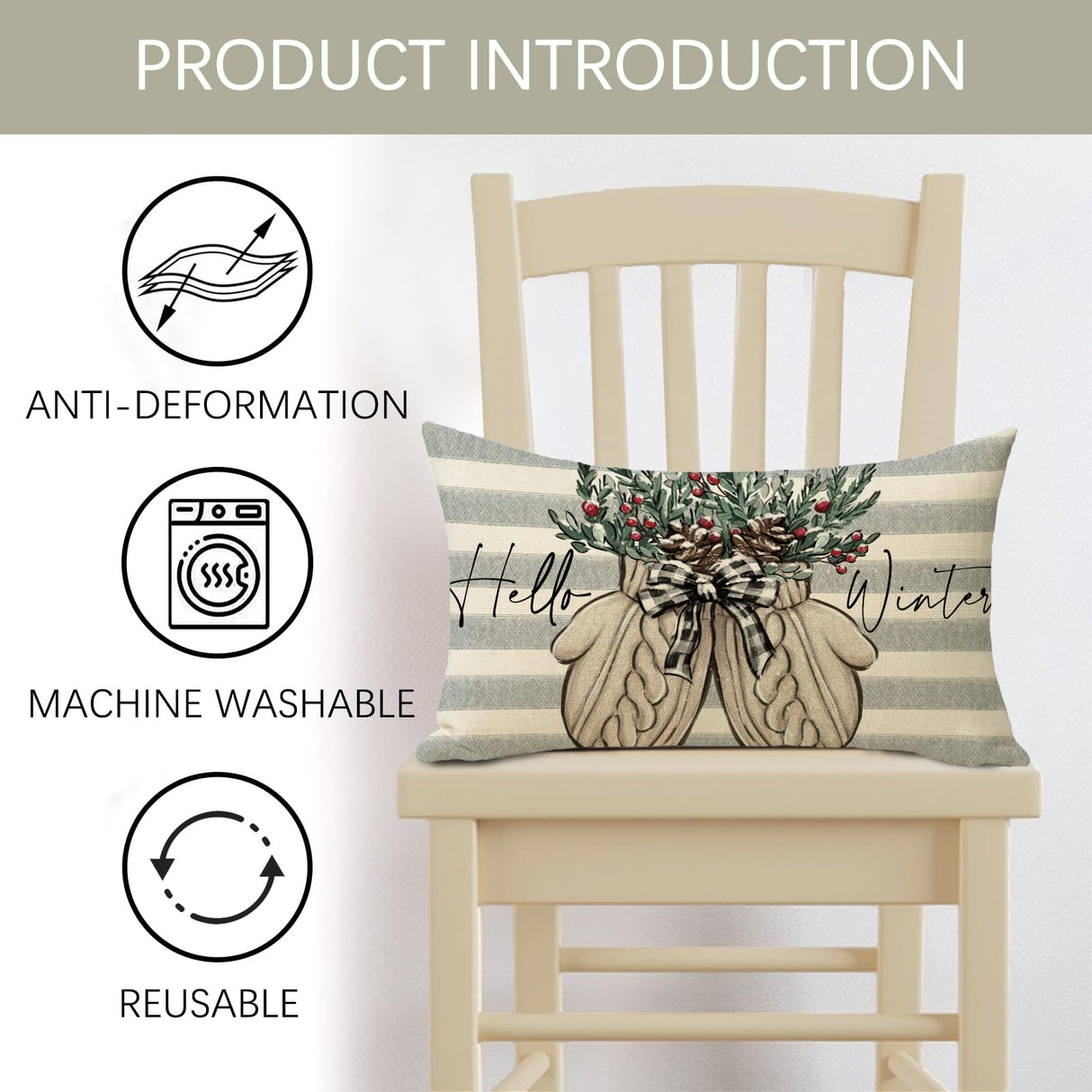 Fjfz Hello Winter Gloves Gray Lumbar Decorative Throw Pillow Cover 12 x 20, Rectangular Red Berry Gray Stripe Outdoor Home Decor, Plaid Bow Pine Cone Christmas Holiday Seasonal Farmhouse Cushion Case Fjfz