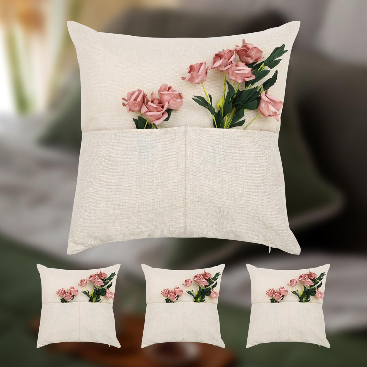 TopTie 4 PCS Sublimation Pillow Covers Blank with Pocket, Book Small Items Storage 18 x 18 Inches Linen Pillow Case TopTie