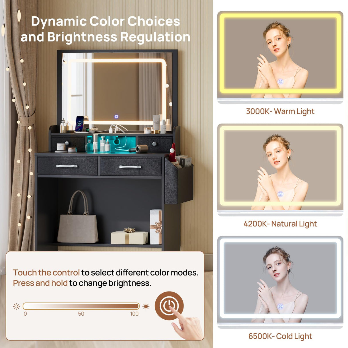 Rolanstar Vanity Desk with LED Lighted Mirror, Makeup Vanity with 4 Fabric Drawers, Power Outlet, Modern Vanity Desk for Bedroom & Dressing Room, Black Rolanstar