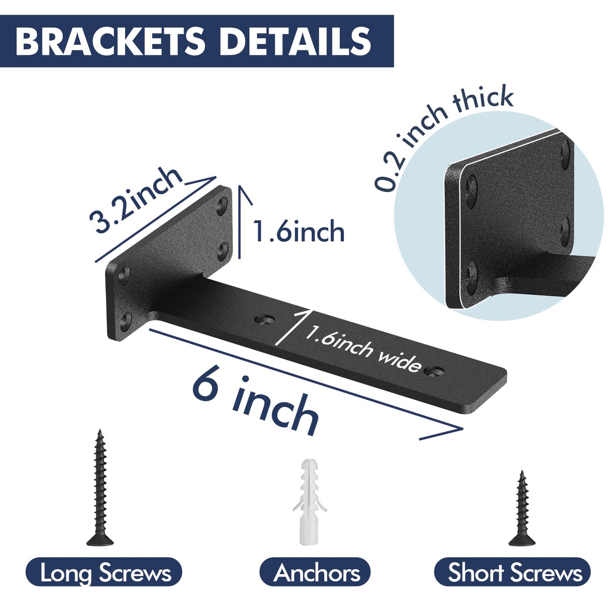 Starunder 6 Pack Floating Shelf Brackets, 6 Inch Heavy Duty Industrial Shelf Bracket, Black Metal L Brackets for Shelves Support DIY(1/5 Inch Thicked) Starunder