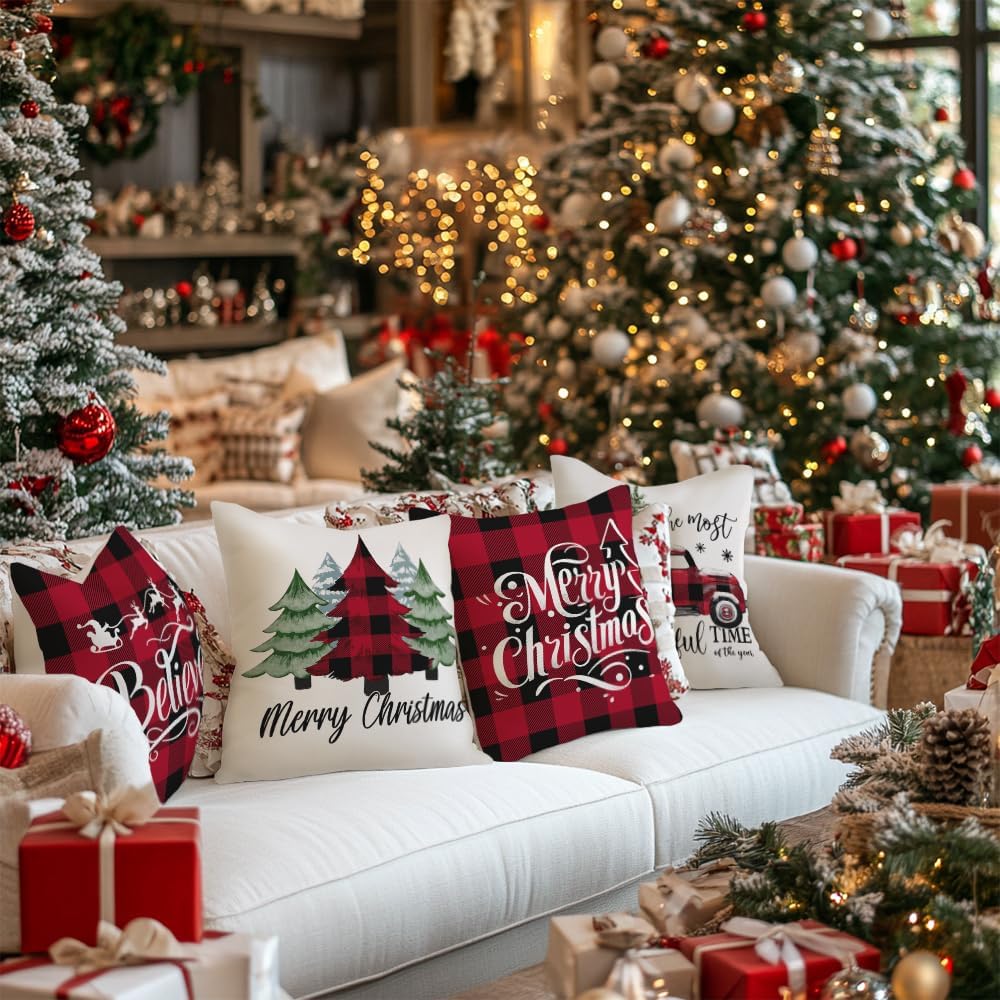 GEEORY Merry Christmas Throw Pillow Covers 18x18 Inch Set of 4, Xmas Trees Truck Buffalo Plaid Believe Farmhouse Decorative Cushion Cases for Home Decoration G421-18 GEEORY
