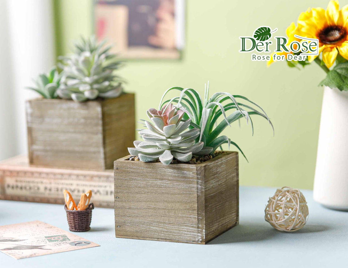 Der Rose Set of 2 Succulents Plants Artificial Fake Plants in Wood Pots with Pink Fake Flowers for Farmhouse Bathroom Desk Sheif Decor Der Rose