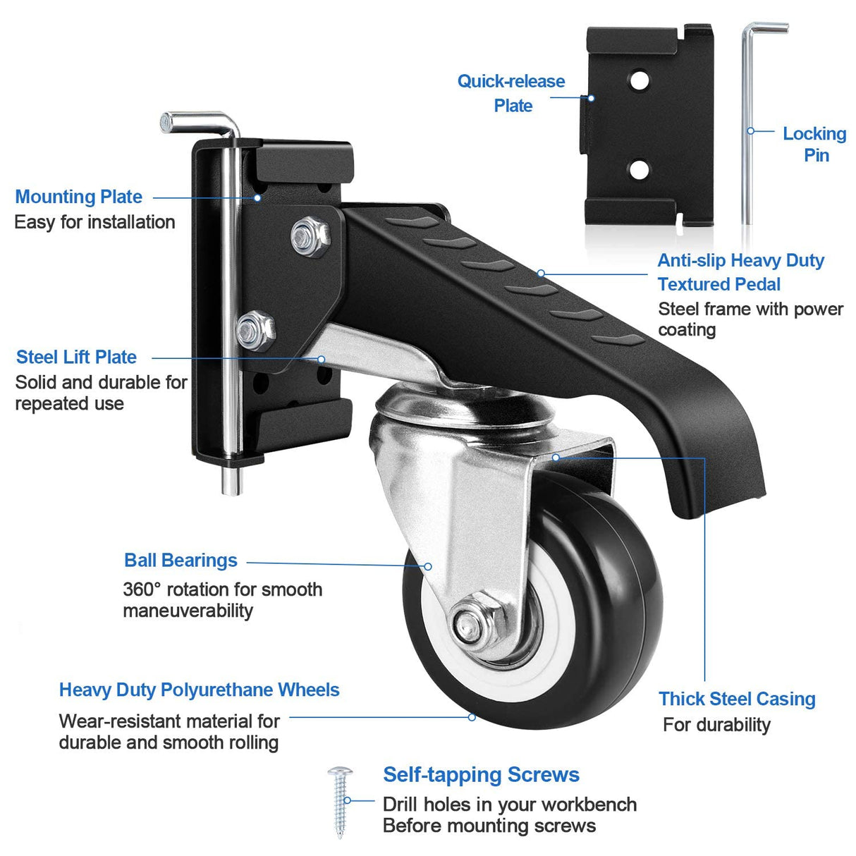 DOZAWA Retractable Workbench Casters with Quick-Release Caster Plate Set (4PK) 700lb Load Capacity, 2 Mounting Options DOZAWA