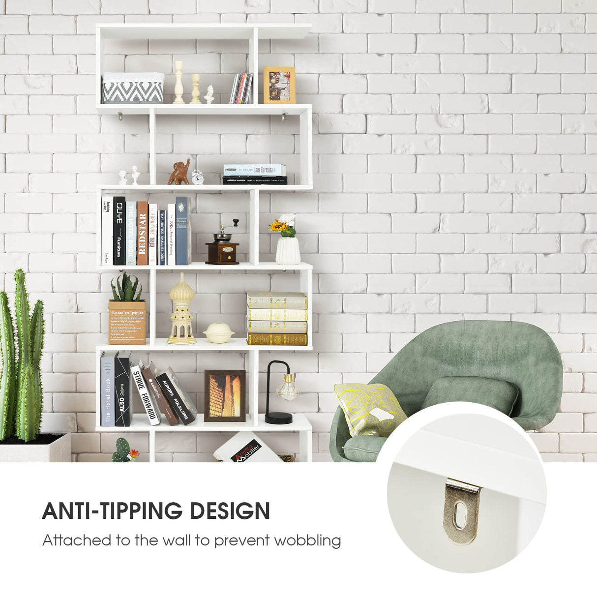 Giantex Geometric Bookcase White, S-Shaped Wooden Bookshelf, 6-Tier Modern Freestanding Decorative Storage Display Shelves for Bedroom, Living Room Giantex