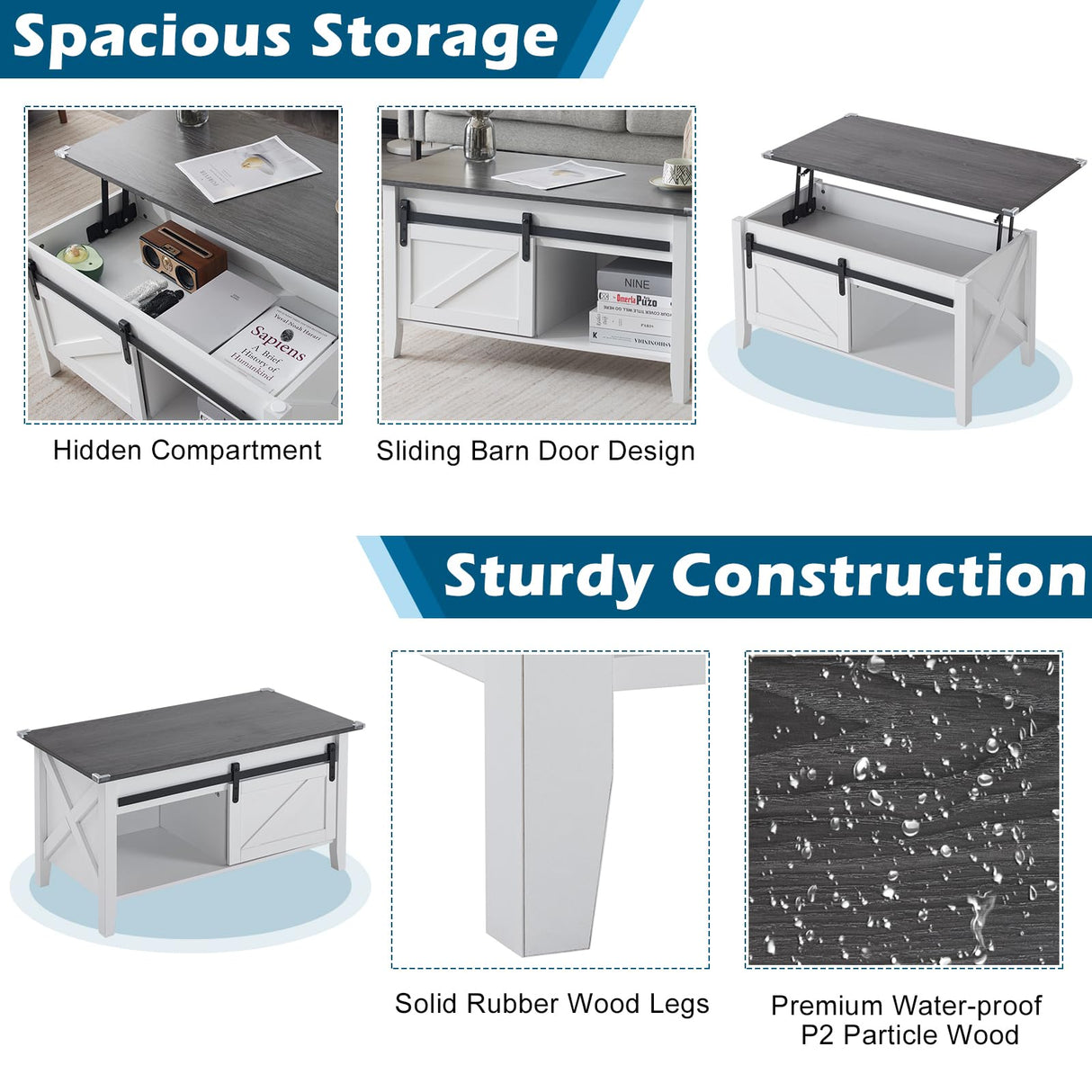 VINGLI White Charcoal Lift Top Coffee Table, 36" Small Farmhouse Barn Door Coffee Table with Storage, Rectangular Center Wood Coffe Table with Lifting Top, Living Room Tables with Hidden Compartment VINGLI