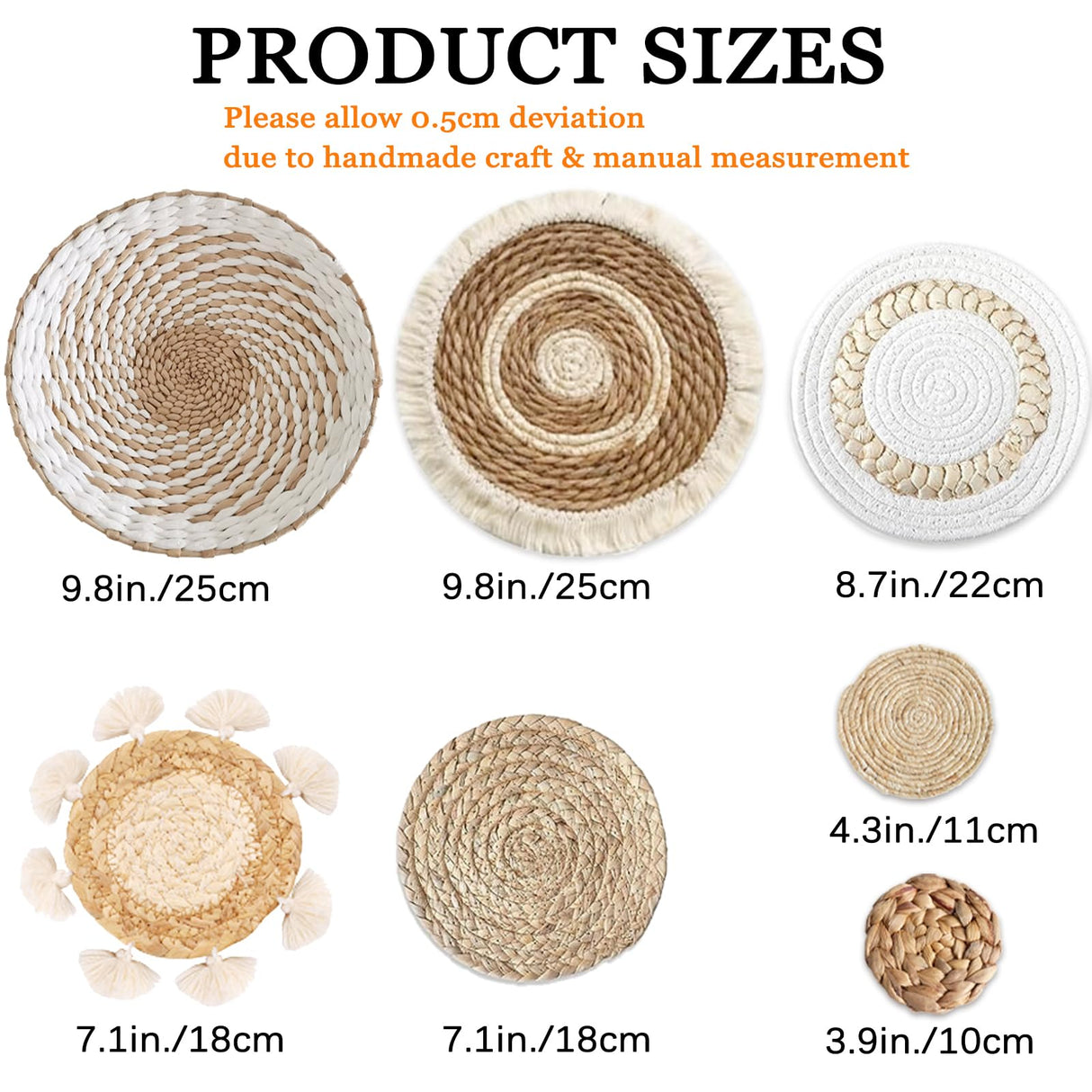 7 Pack Boho Wall Basket Decor - Seagrass Rattan Wicker Wall Decor Round Handmade Hanging Rustic Flat Elegant Wall Art for Farmhouse Living Rooms Bedrooms Display Table Settings Kitchen Home Dimpola