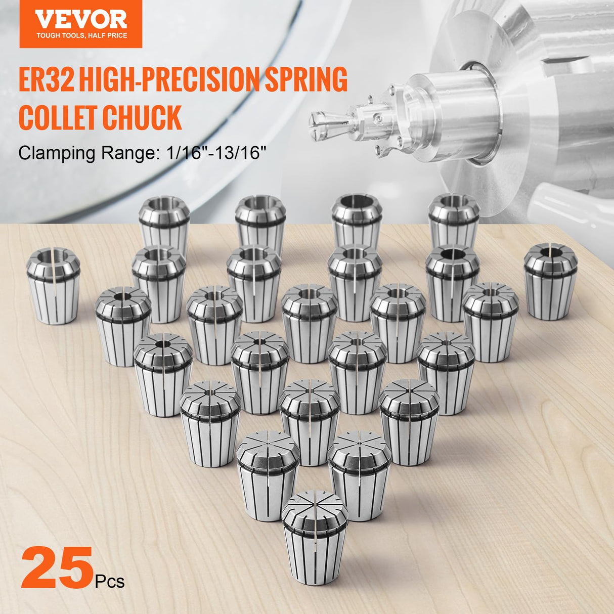 VEVOR 25 pcs ER32 Spring Collet Set 0.0006"/15 μm TIR Lathe Chuck Tool with 25 Labeled Storage Boxesfor CNC Engraving Machine Milling Lathe Tool Drill Press VEVOR
