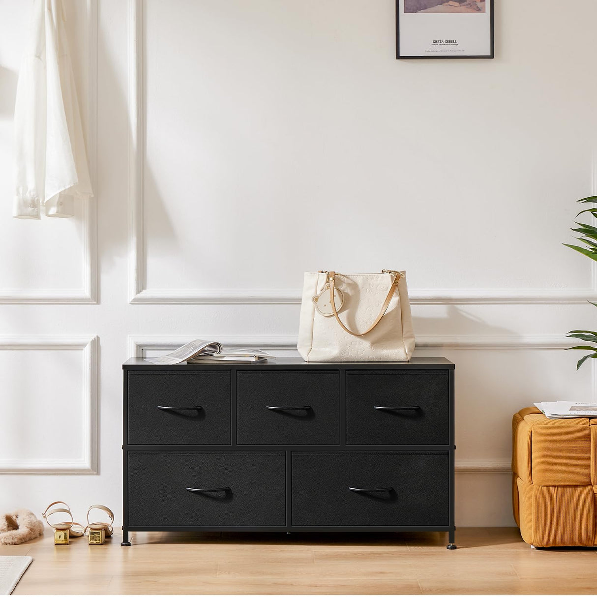 OLIXIS Dresser for Bedroom, 5 Storage Fabric Drawers, Metal Frame and Wooden Top, Tall Storage Drawer Dresser for Closet with Easy Pull Handles for Living Room, Entryway, Small Space Black OLIXIS